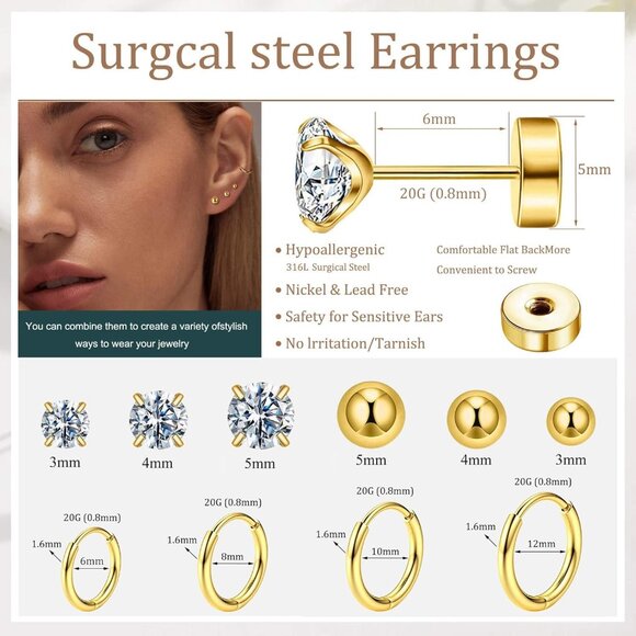 10-Pairs Small Hypoallergenic Surgical Steel Hoop and CZ Stud Earrings Set for S - Picture 5 of 6